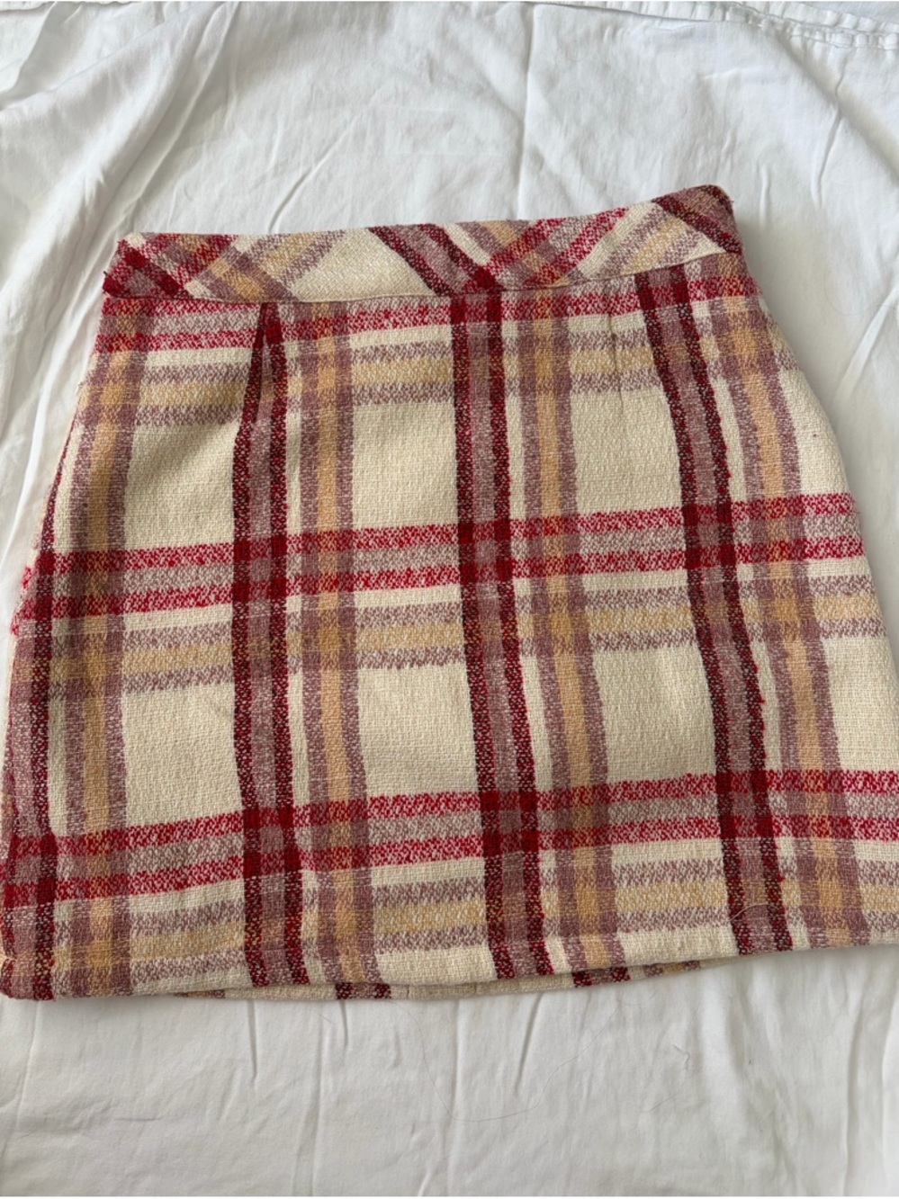 Anthropologie Sister Jane Cream Plaid Mini Skirt with Red Stripes Fun Buttons - Picture 3 of 6